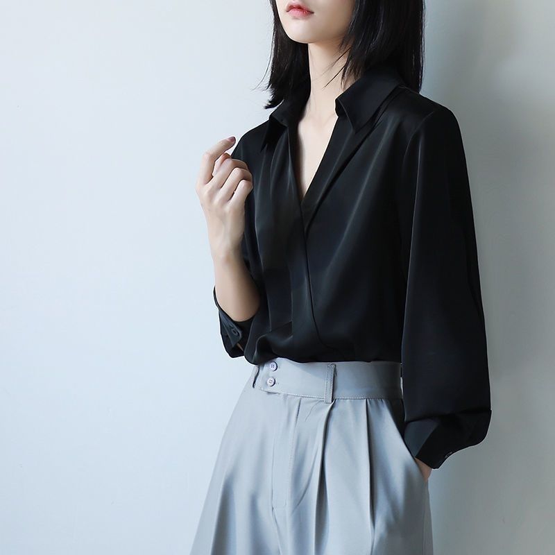Street Fashion Korea - Damskie Gidyq czarne szyfonowe koszule koreańskie